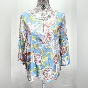 HARVE BENARD Light blue‎ floral scoop neck blouse size XL